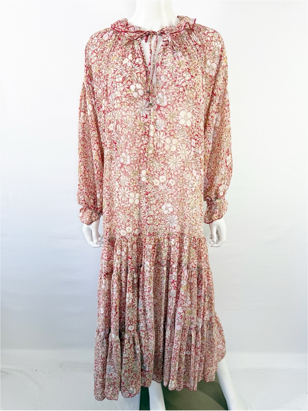 Free People Red Sheer Floral Maxi Dress Size XS Casual Boho Indie Modest Peasant